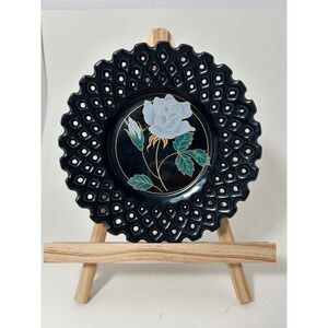 Vintage Japanese Porcelain Reticulated Plate Black Blue Rose Gold Gilt Japan